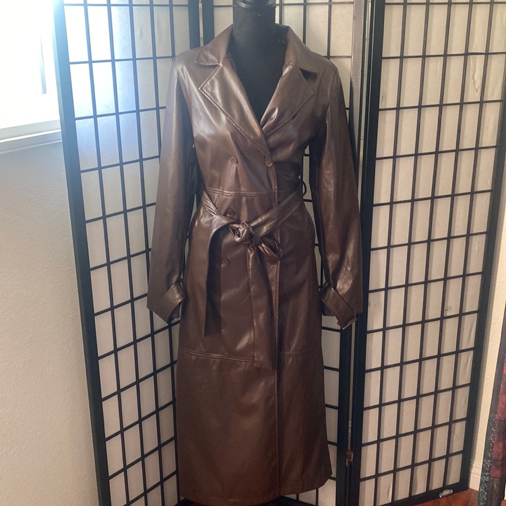 Faux leather brown trench coat, floor length. Size medium. Like new